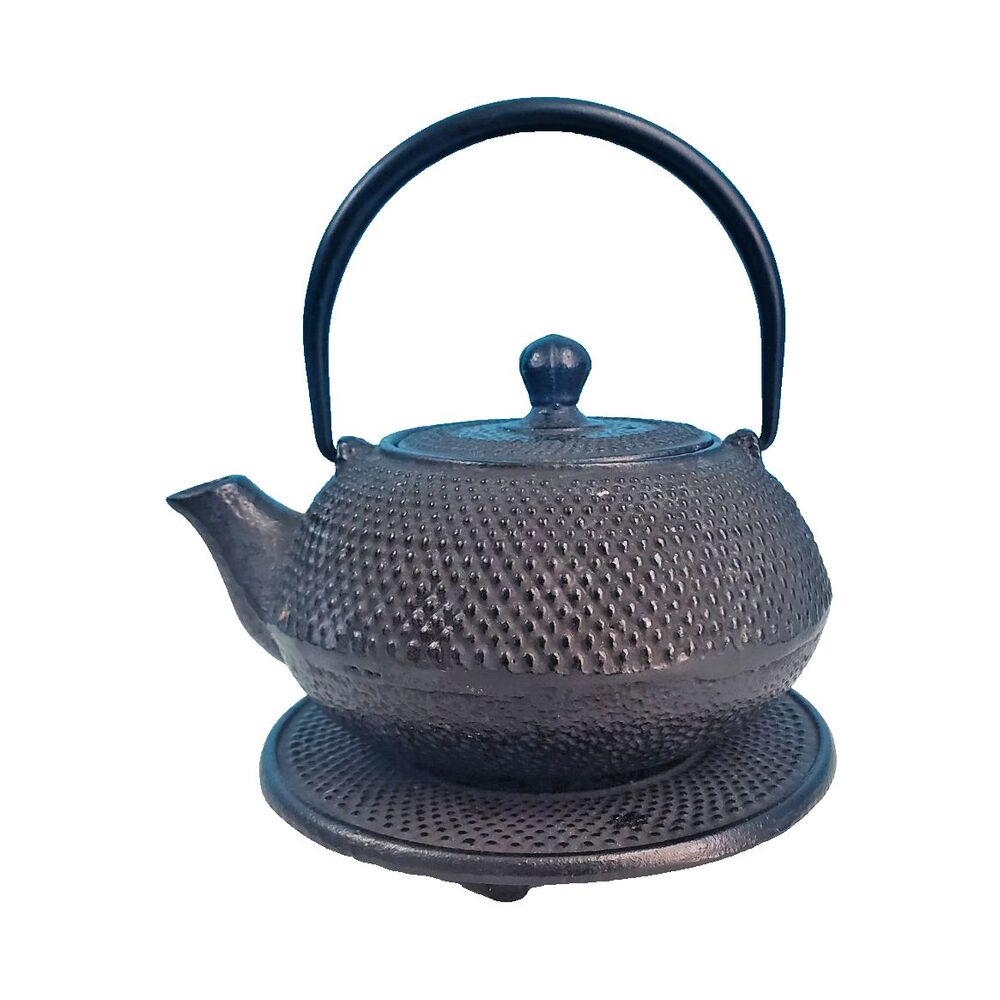 Cast Iron Tea Pot Matte Black Textured Japanese Style w/ Lid & Trivet